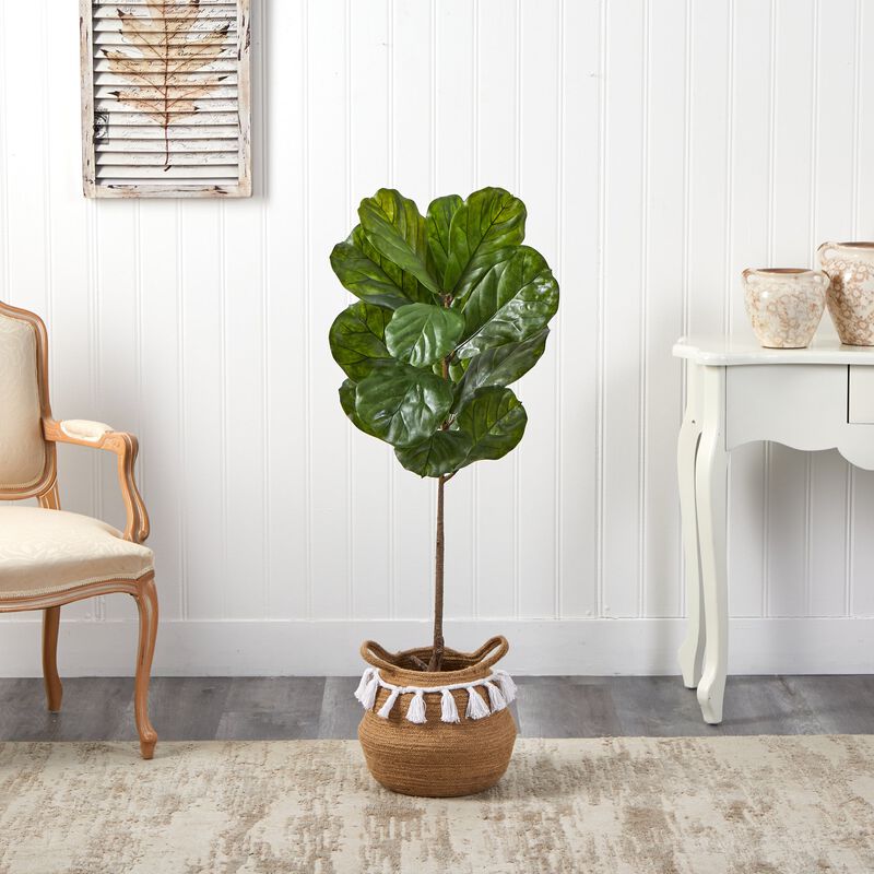 Hivvago 4 Feet Fiddle Leaf Artificial Tree in Boho Chic Handmade Natural Cotton Woven Planter with Tassels UV Resistant (Indoor/Outdoor)