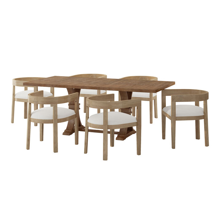 Christopher Knight Home Elyra 7 Piece Upholstered Wood Extended Dining Set with Pedestal Base