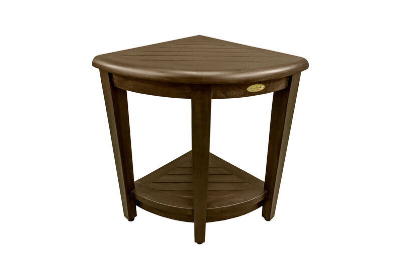 DecoTeak SnazzyCorner 18" Teak Wood Wide Corner Shower Bench with Shelf in Woodland Brown Finish