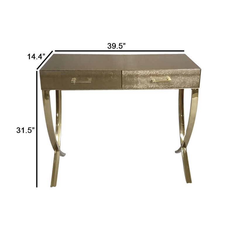 39 Inch Sofa Console Table, 2 Drawers, Vegan Faux Leather, Champagne Gold-Benzara