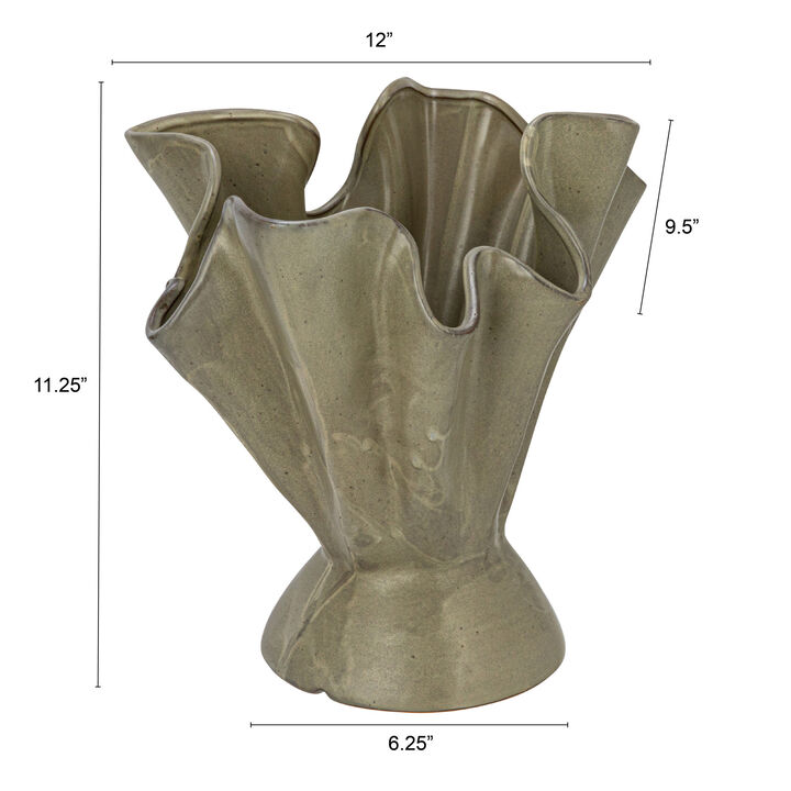 Stoneware Ruffled Vase with Reactive Glaze, Sage