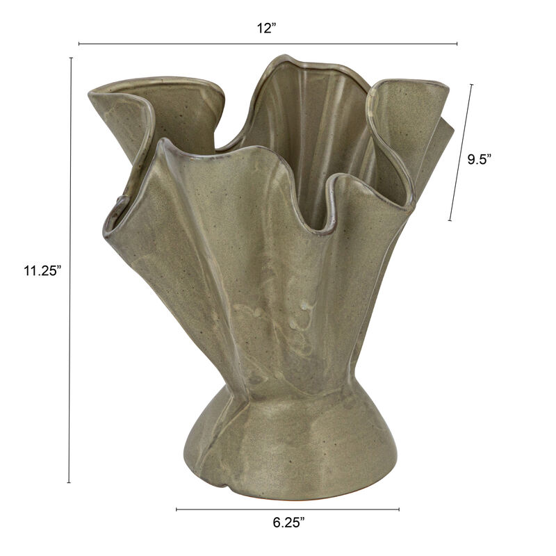 Stoneware Ruffled Vase with Reactive Glaze, Sage image number 1