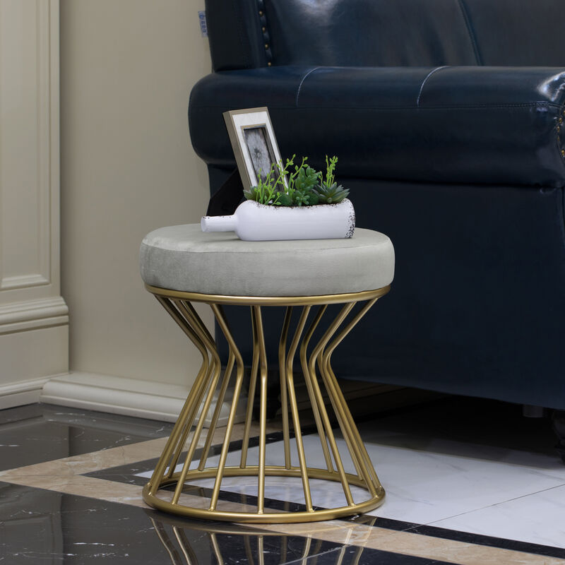 Modern Round Velvet Stool with Bent Gold Metal Base Standard Ottoman, Grey