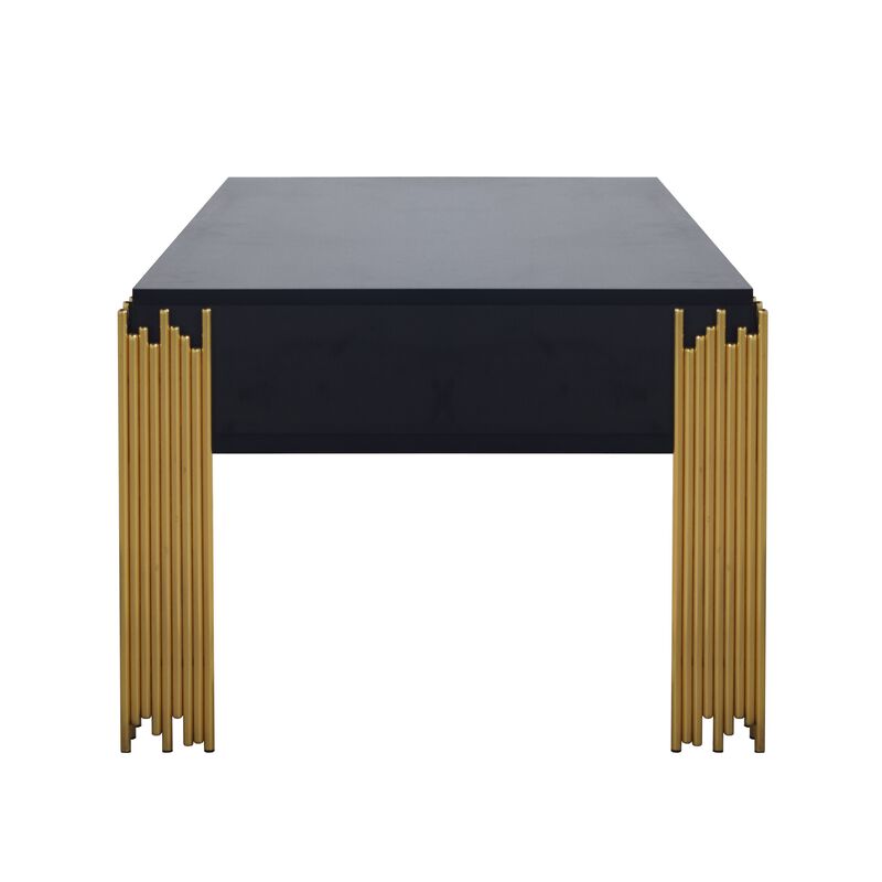 Theo Coffee Table, 2 Drawers, Gold Metal, Retro Black Wood 48 Inch