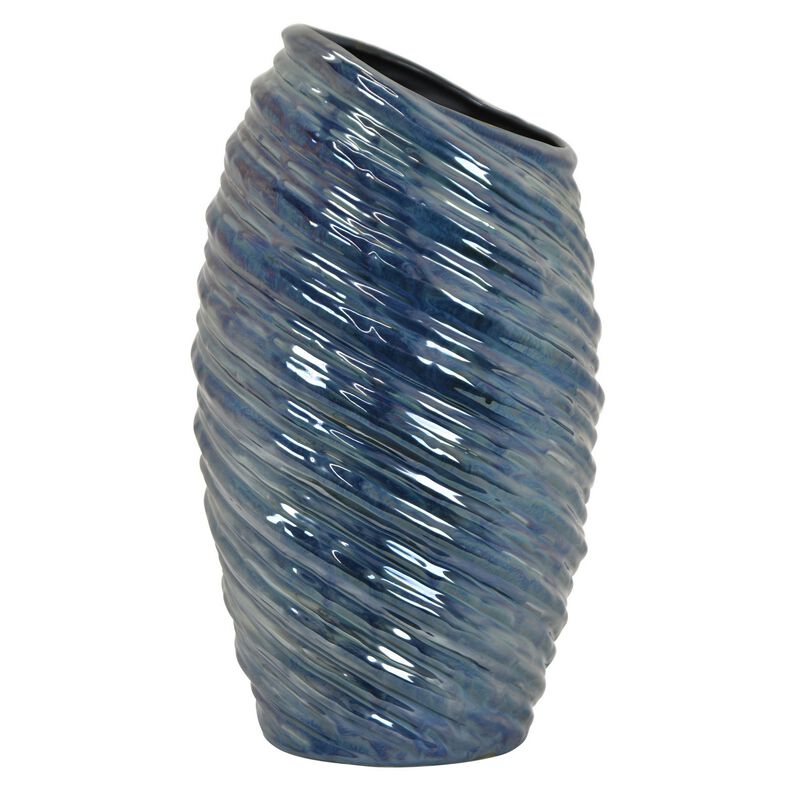 Avery Tall Modern Vase with Angled Spiral Design, Blue Ceramic 17 Inch - Benzara