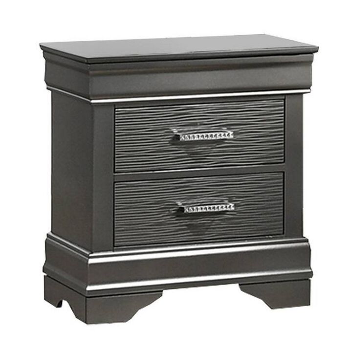 Jean Nightstand, 2 Drawers, Curved Frame, 24 Inch Dark Gray Solid Wood - Benzara