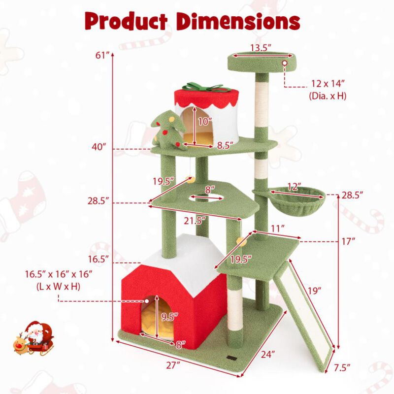 Hivvago 61 Inches Cute Christmas Cat Tree with Sisal Scratching Posts and 2 Condos