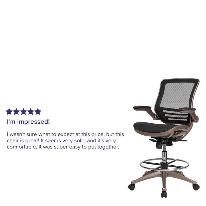 Flash Furniture Mid-Back Black Mesh Drafting Chair with Melrose Gold Frame and Flip-Up Arms