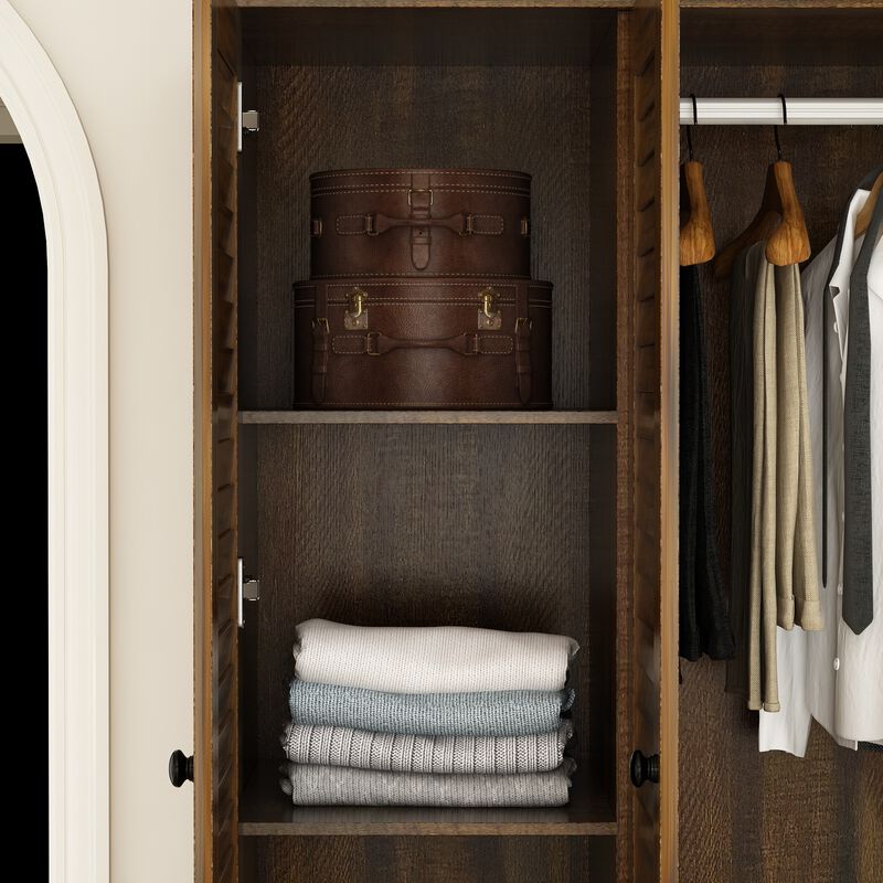 FUFU&GAGA Brown Woodgrain PB Board Wardrobe with 4 Shutter Doors & 5 Drawers, Black Wooden Handles, Modern Storage Cabinet (59.1 in. W x 19.1 in. D x 70.5 in. H)