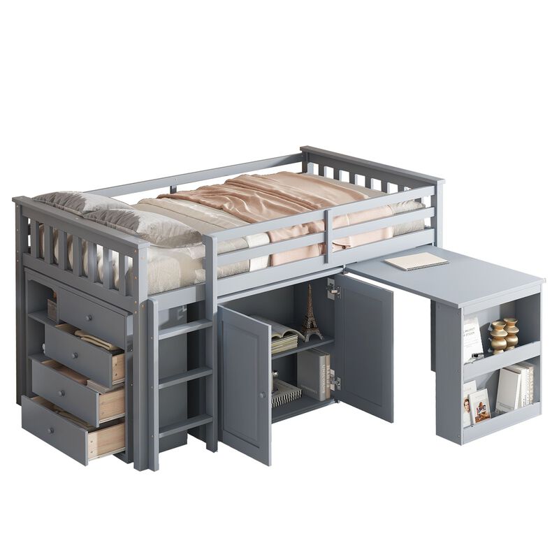 Whisen Twin Loft Bed with Drawers, Built-in Cabinet and Pulling-Out Desk, Rubber Wood Loft Bed with Safety Guardrail and Ladder - Gray