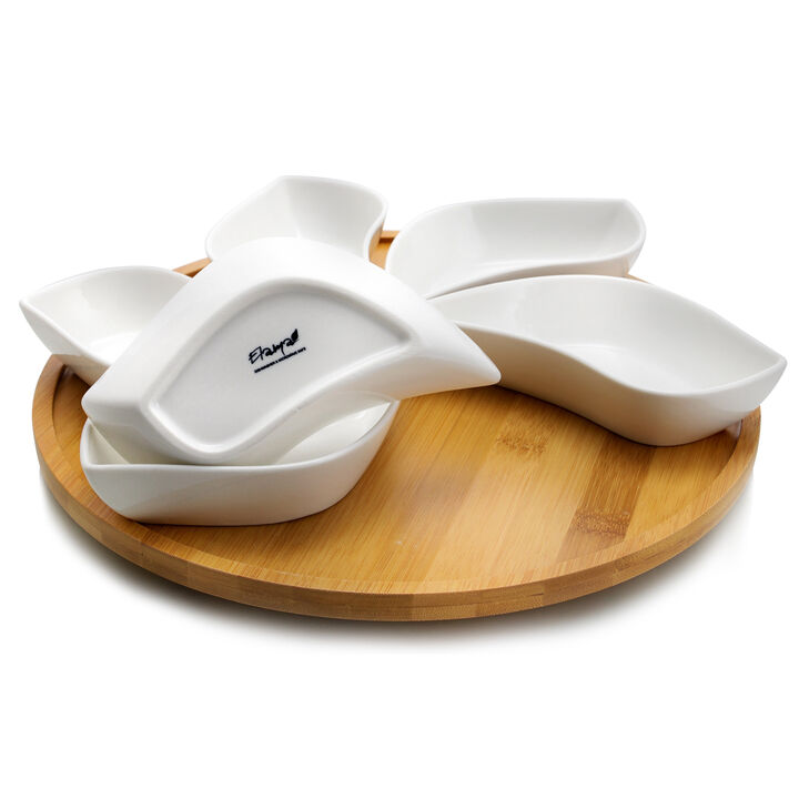 Elama Signature Modern 13.5 Inch 7pc Lazy Susan Appetizer and Condiment Server Set with 6 Unique Design Serving Dishes and a Bamboo Lazy Suzan Serving Tray