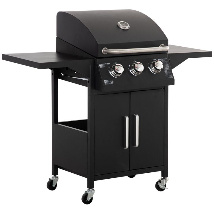 Outsunny 3 Burner Gas Grill, Outdoor Portable Propane Grill with Wheels, Carbon Steel Barbecue Trolley with Warming Rack, Side Shelves, Storage Cabinet, Thermometer, Black