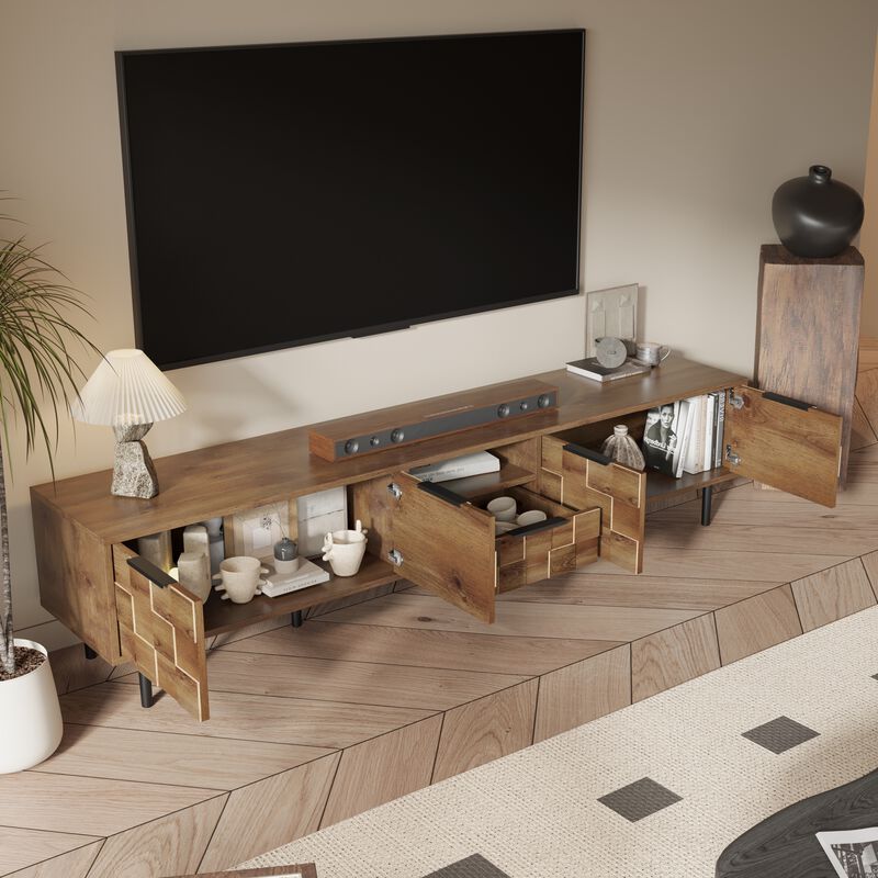 Merax Natural Wood Checkered TV Stand with Soft Close Cabinets & Drawer image number 2