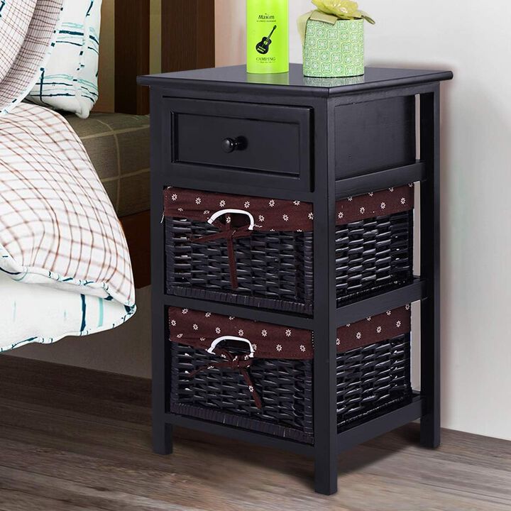 Hivago 3 Tiers Wooden Storage Nightstand with 2 Baskets and 1 Drawer - Black