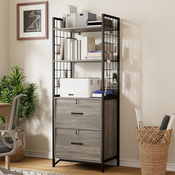 File Cabinet, 64"H Filing Cabinet with Printer Stand and Bookshelf, Small Office Cabinet with 2 Wood Drawers and Shelves, Drawer Office File Cabinets