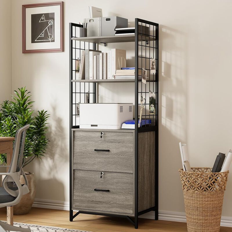 File Cabinet, 64"H Filing Cabinet with Printer Stand and Bookshelf, Small Office Cabinet with 2 Wood Drawers and Shelves, Drawer Office File Cabinets image number 1