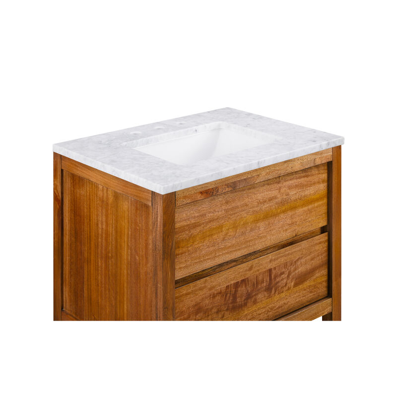 Oakman 30 In. Single Sink Carrara White Marble Countertop Bath Vanity in Mango Wood