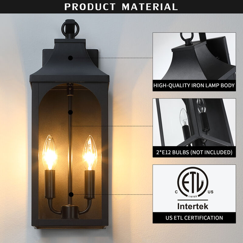 17 in. 2-Light Black Outdoor Wall Lantern with Clear Glass Shade image number 3