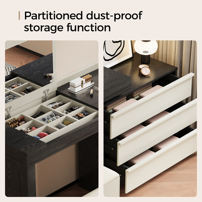 Adjustable L-Shaped Desk with Chair, 3 Drawers, Flippable Mirror & Storage Space for Writing & Vanity 47-70" Black & White