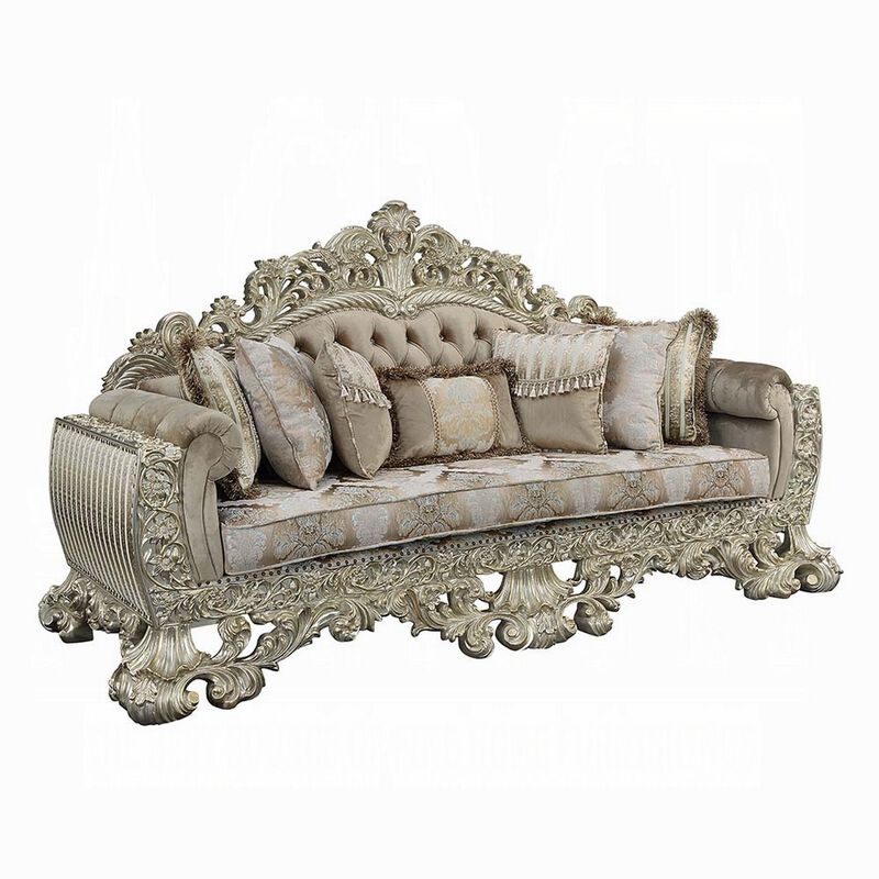 Esen Ornate Sofa, 7 Accent Pillows, Gold, Tufted Brown Velvet, 99 Inch image number 0