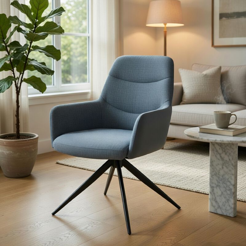 Husti Armchair Set of 2, Gray Fabric and Faux Leather, Black Iron Star Base image number 8