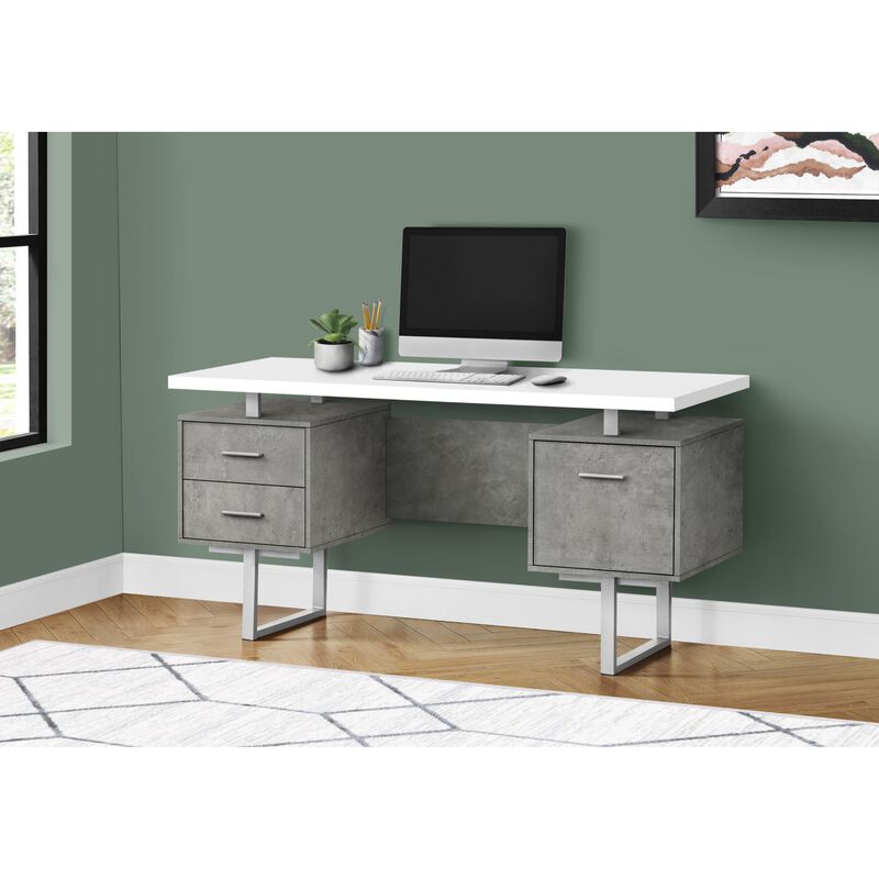 Computer Desk, Home Office, Laptop, Left, Right Set-Up, Storage Drawers, 60"L, Work, Metal, Laminate, Grey, White, Contemporary, Modern