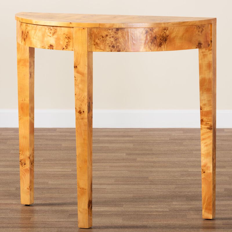 bali & pari Jihan Modern and Contemporary Natural Real Burl Wood Half Moon Console Table