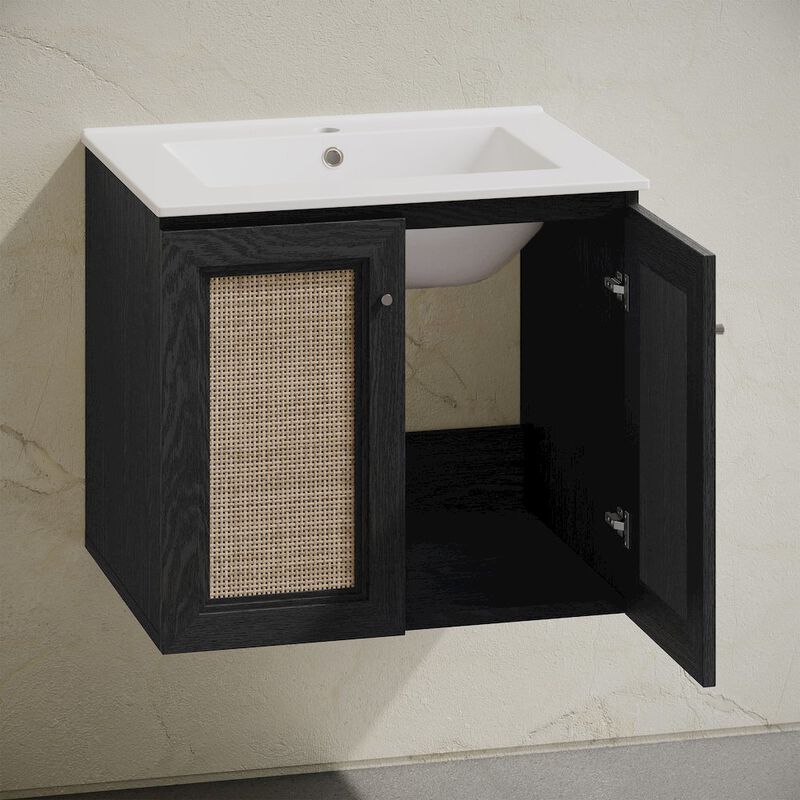 24" Wall-Mounted Bathroom Vanity in Black Oak with Single Faucet Hole Vanity Top image number 8