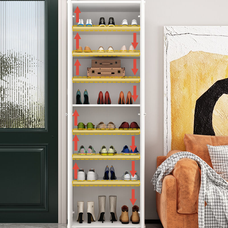 Tall Shoe Rack with Doors & Wheels, Entryway Shoe Cabinet with 8-Tier Shelf, Wood Shoe Storage Organizer for Entryway, White (23.6" W x 15.7" D x 70.9" H)