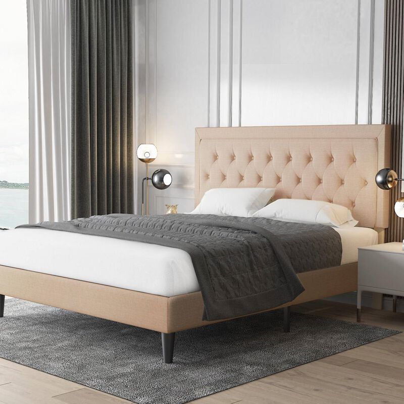 Modern Linen Platform Bed – Button Tufted Headboard and Low Profile Frame Design