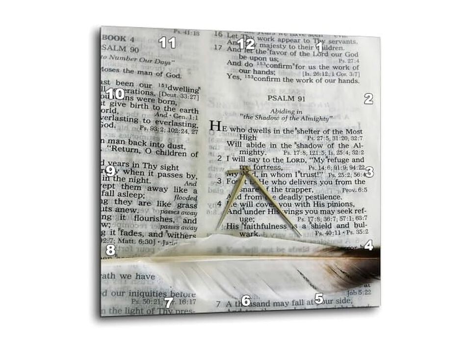 Photograph Bible Open Psalm Marked Feather Wall Clock 13 Inch Home Decor
