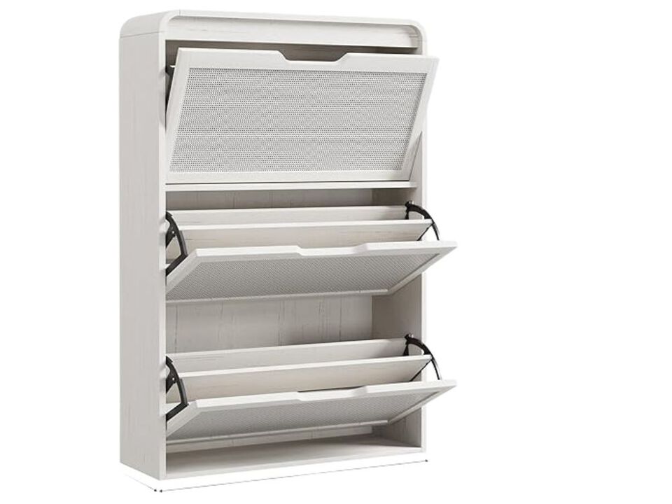 Slim Entryway Shoe Storage Cabinet Flip Drawer White Rattan