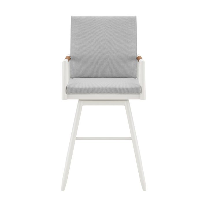 Razi 30 Inch Outdoor Swivel Barstool Chair, White Aluminum, Gray Cushions - Benzara