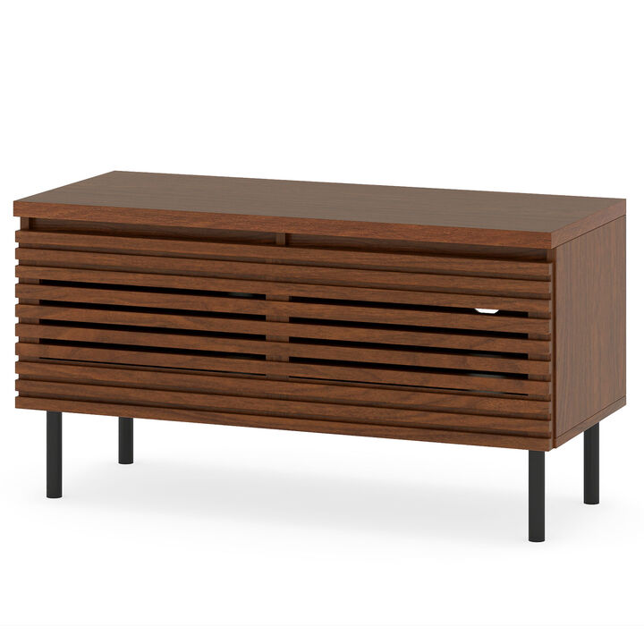 Mid Century Modern Fluted TV Stand with 2 Hidden Storage Compartments & Metal Legs-Walnut