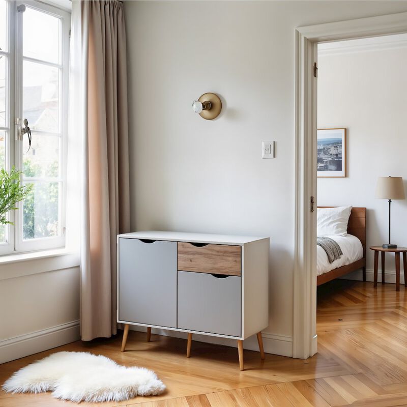 FurniFact White Sideboard with Drawer and Doors - Elegant White Storage Cabinet