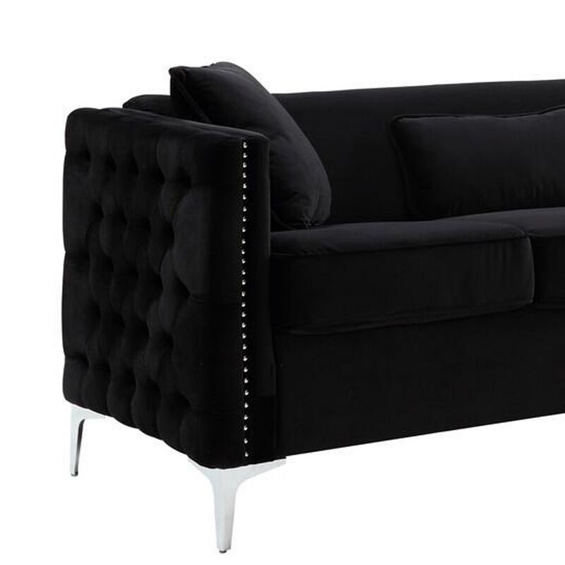 Joel 73 Inch Modern Sofa with 3 Pillows, Tufted Black Velvet, Silver Legs-Benzara