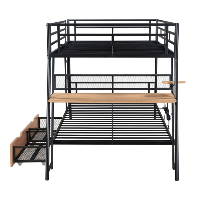 Whisen Full Size Metal Bunk Bed with Built-in Desk and Light and 2 Drawers - Black