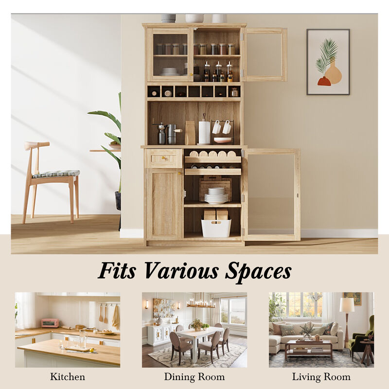 Merax  Freestanding Buffet with Hutch Tall Kitchen Pantry Storage Cabinet with Wine Rack and Adjustable Shelves for Dining Room image number 6