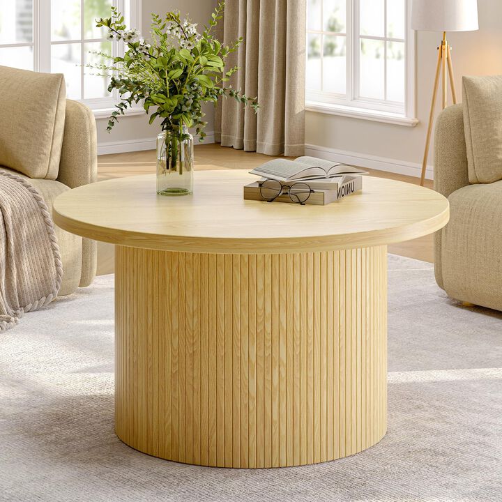 31.5" Round Tambour Coffee Table, Mid-Century Engineered Wood Drum Accent