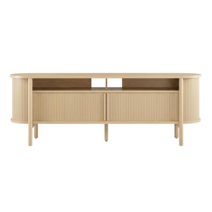 Curved TV Stand in Brown, Rubberwood Solids, Walnut Veneers, Stylish Storage