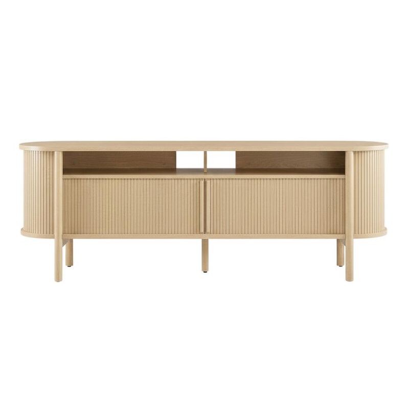 Curved TV Stand in Brown, Rubberwood Solids, Walnut Veneers, Stylish Storage image number 1