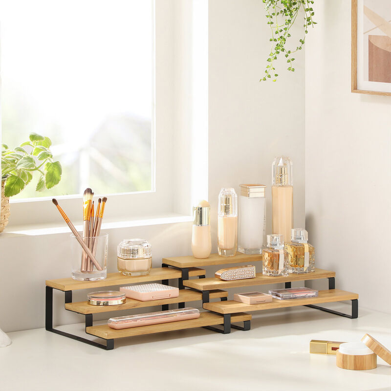 Set of 2 Bamboo Spice Racks - 3-Tier Extendable and Stackable Cabinet Shelf Organizers for Pantry and Countertop