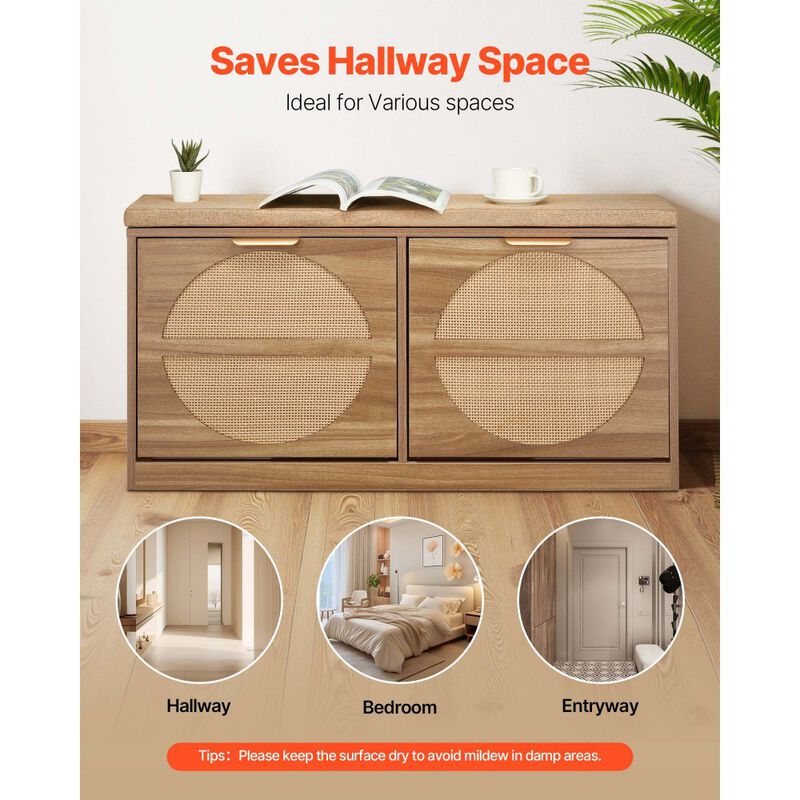 Entryway Shoe Bench with Cushion, Flip Drawers and Rattan Storage Doors image number 7