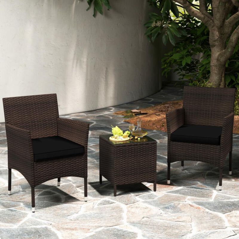 Hivvago 3 Pieces Outdoor Conversation Set with Cushioned Seat and Glass Tabletop