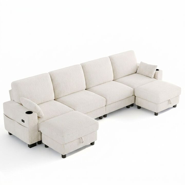 Vipbear 128" Modular Sectional Sofa, Chenille U Shaped Cloud Couch with Ottoman Adjustable Backrest