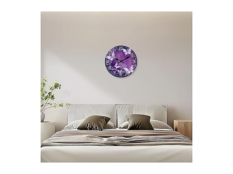 Purple Wall Clock Girls Bedroom Analog Butterfly Clocks Battery Operated 12 Inch