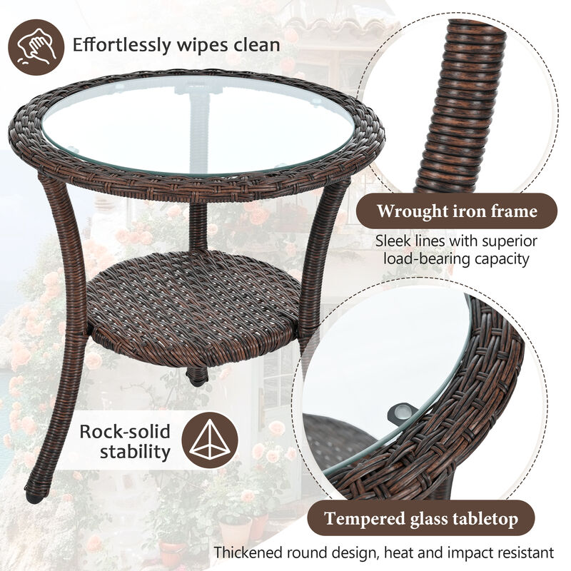 Whisen Outdoor Leisure Set, 2 Rattan Single Chairs with A Glass Round Table, Perfectly Suited for Patios, Balconies, and Courtyards - Gray