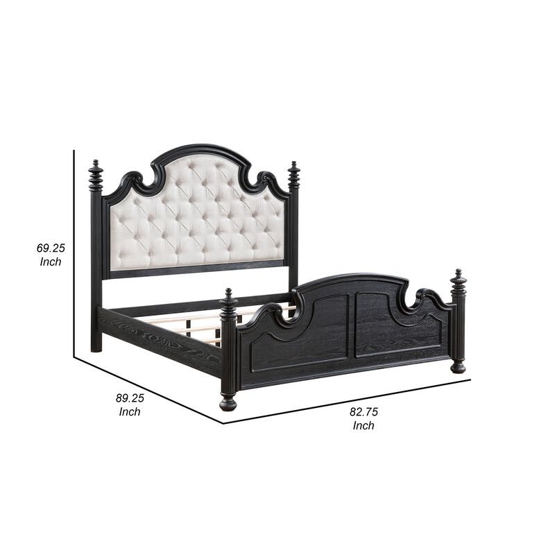 Selena King Size Poster Bed, Classical White Tufted Upholstery, Black - Benzara