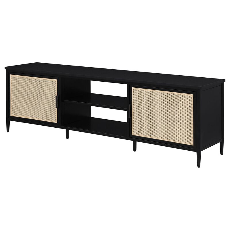 Lanie TV Stand Media Cabinet with 2 Door, PE Cane Front, Black Metal - Benzara