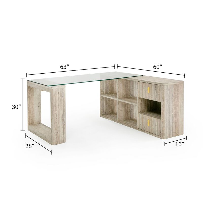 Noe Mali L Shaped Desk, Faux Travertine, 4 Shelves, 63 Inch Glass Top - Benzara image number 4